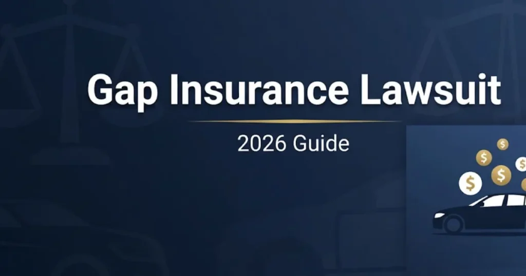 Gap insurance lawsuit 2026 guide banner with legal scales and car silhouette