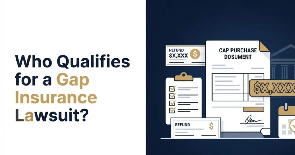 Gap insurance lawsuit eligibility checklist graphic with courthouse icon