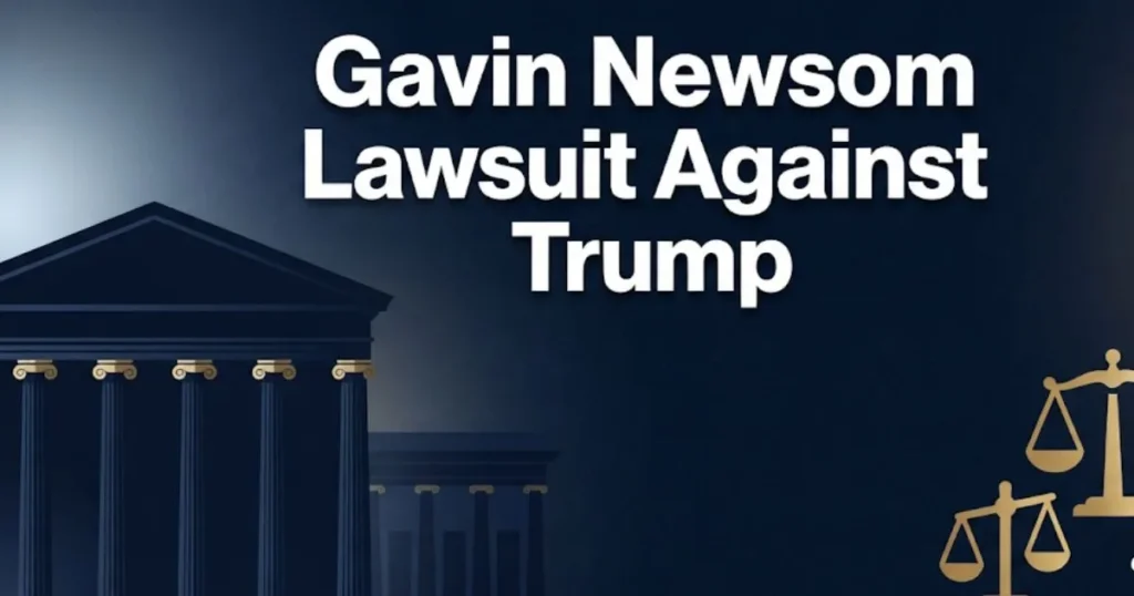 Gavin Newsom lawsuit against Trump 2026 legal guide banner with courthouse silhouette and scales of justice icons