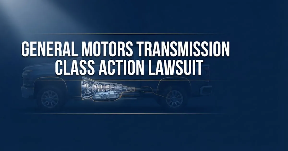 General motors transmission class action lawsuit hero banner with truck and transmission graphic