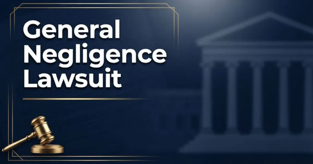 General negligence lawsuit guide hero banner with courthouse silhouette, gavel icon, and legal themed navy and gold design