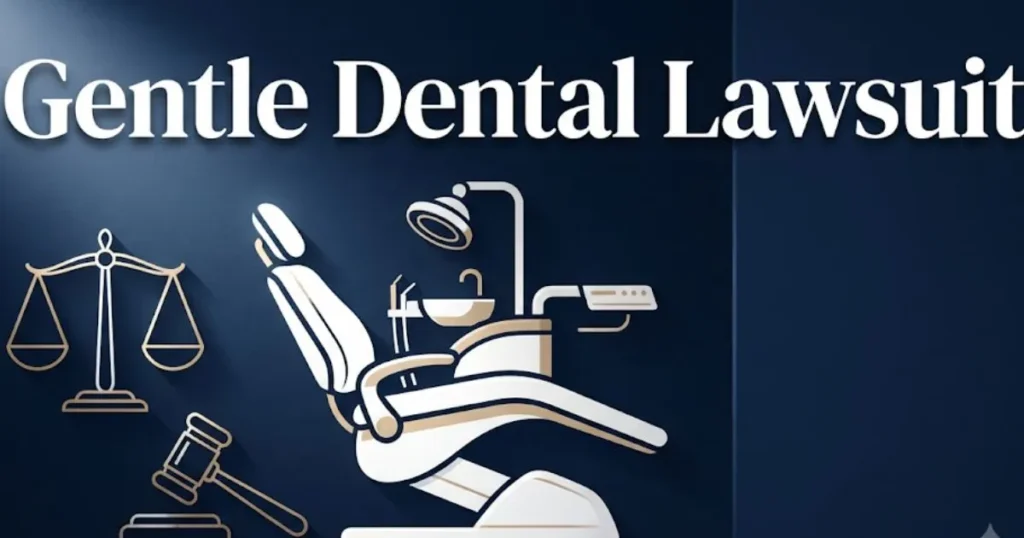 Gentle dental lawsuit 2026 hero banner with legal scales and dental chair icons