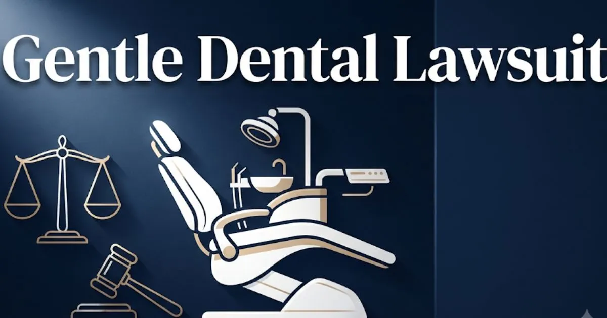 Gentle dental lawsuit 2026 hero banner with legal scales and dental chair icons