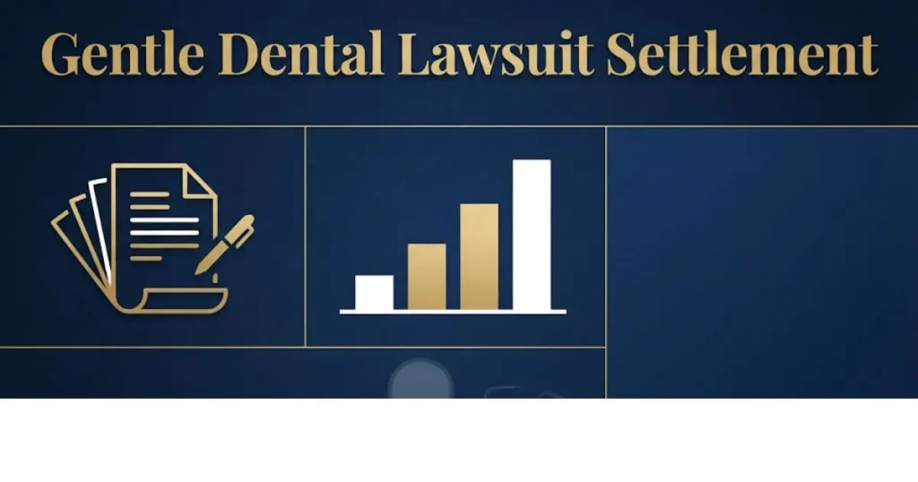 Gentle dental lawsuit settlement amounts chart with legal document and payout graphics