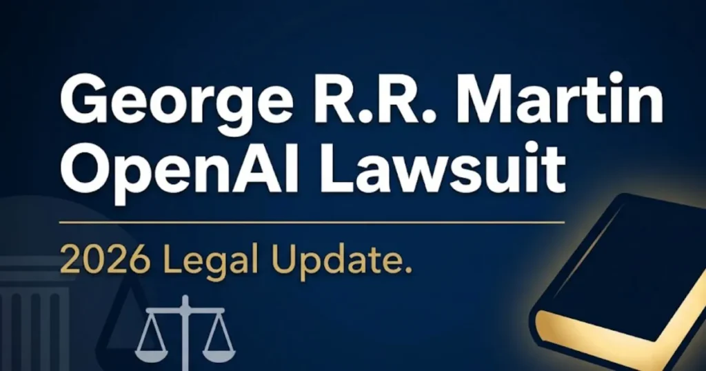 George R.R. Martin OpenAI lawsuit 2026 legal update banner with book and legal scale icons on navy background
