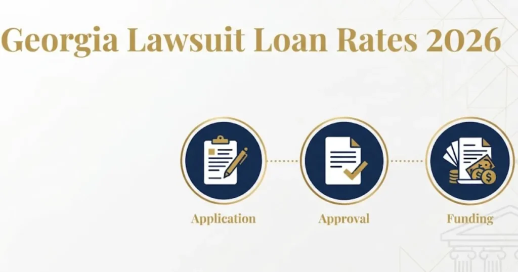 Georgia lawsuit loan rates 2026 infographic showing funding process steps with gold and navy design