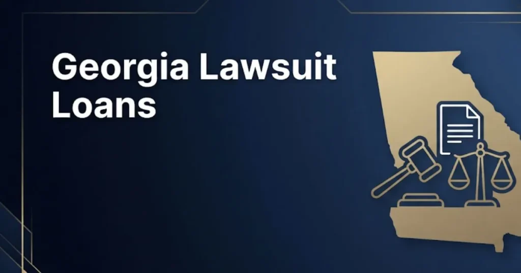Georgia lawsuit loans hero banner with legal symbols and Georgia state outline on navy background