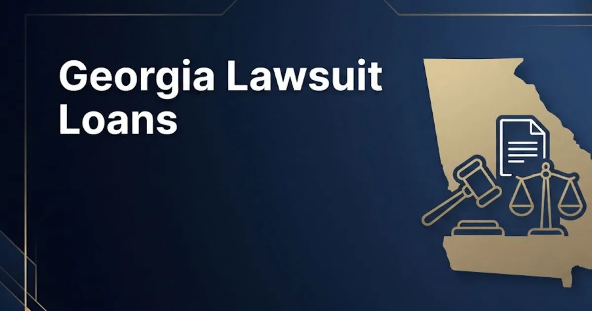 Georgia lawsuit loans hero banner with legal symbols and Georgia state outline on navy background