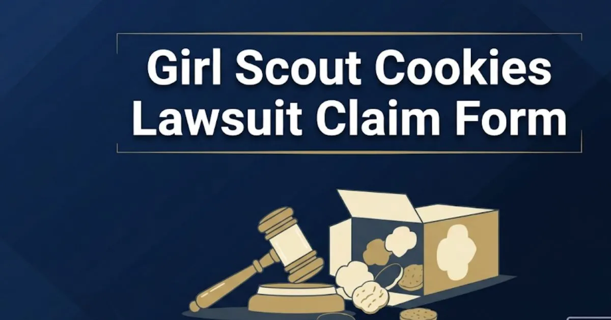 Girl Scout Cookies lawsuit claim form guide with gavel and cookie box illustration on navy background
