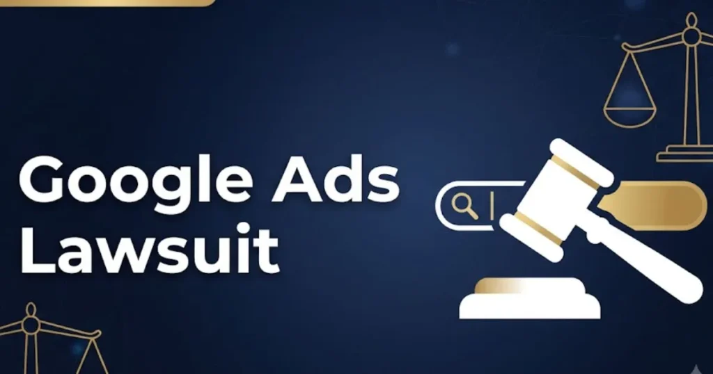 Google Ads lawsuit 2026 legal guide banner with gavel and search icon on navy background