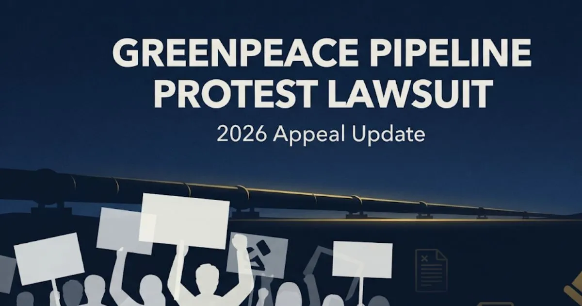 Greenpeace pipeline protest lawsuit 2026 legal update banner with pipeline silhouette and protest figures on navy background.