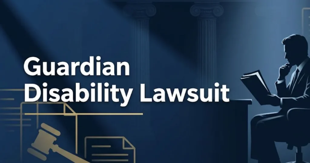 Guardian disability lawsuit 2026 legal guide banner showing courthouse silhouette and claimant figure on navy background MAIN KEYWORD {{guardian disability lawsuit}} CLUSTER KEYWORDS {{paste