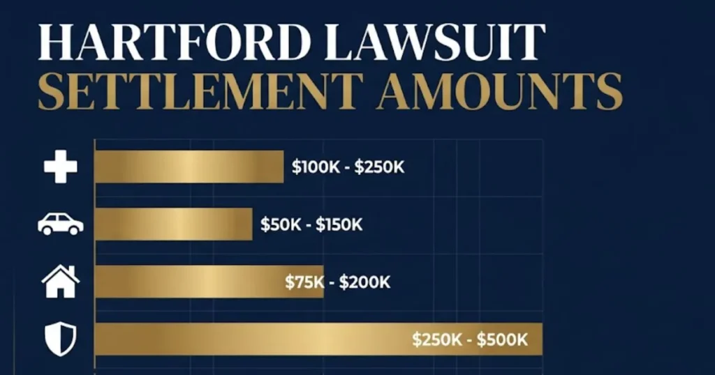 Hartford lawsuit settlement amounts chart showing payout ranges by insurance type