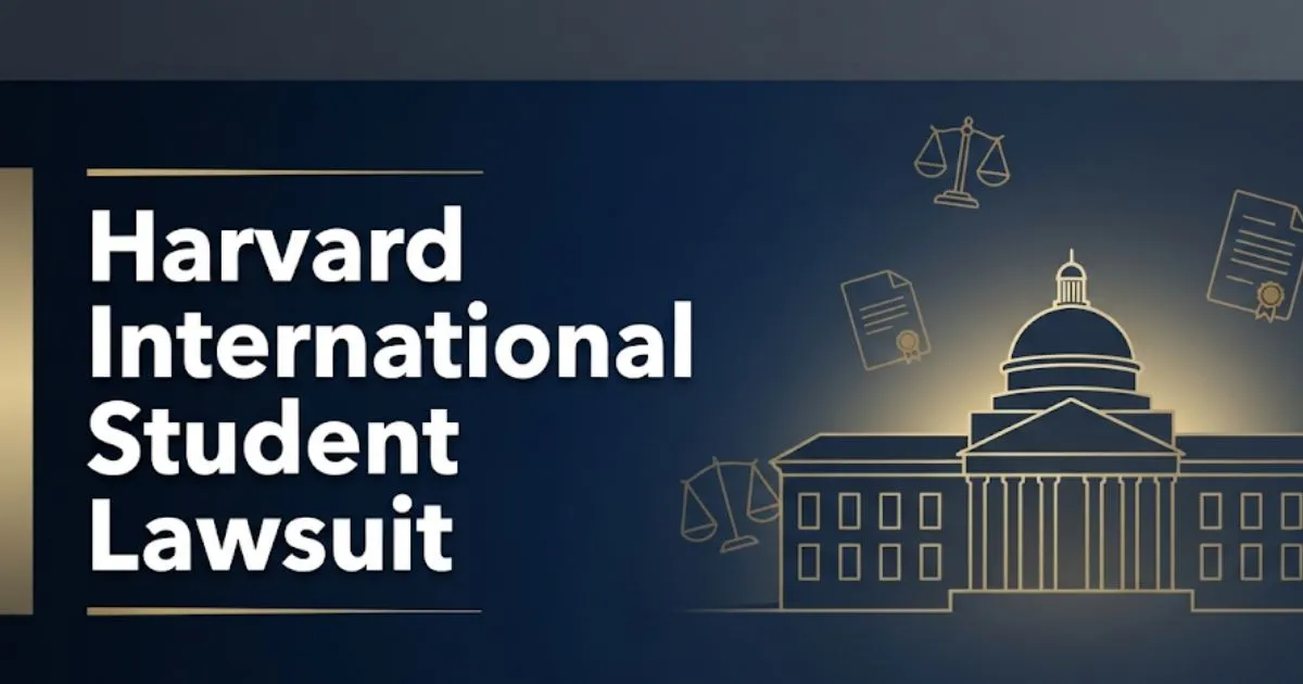 Harvard international student lawsuit 2026 legal guide banner with university silhouette and scale of justice icons