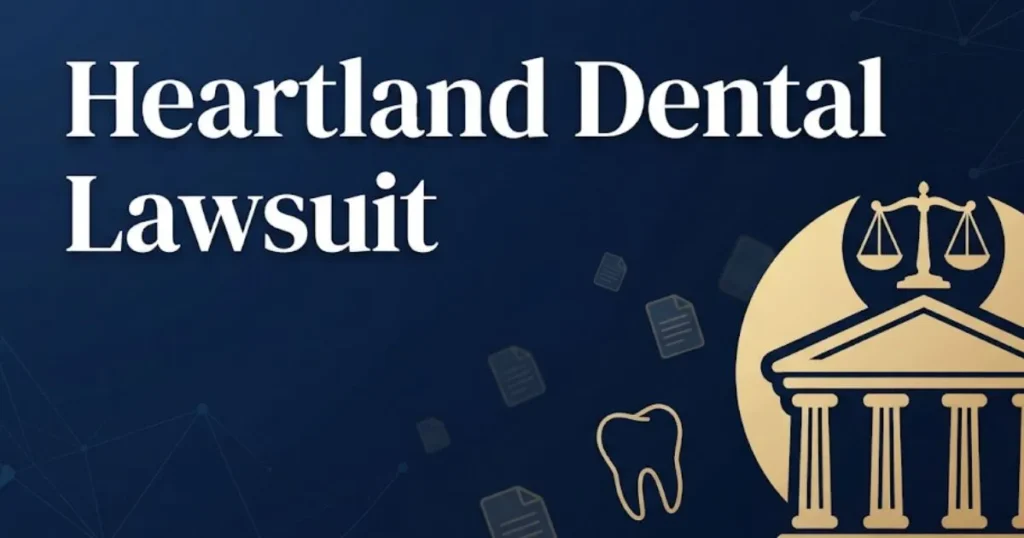 Heartland Dental lawsuit 2026 hero banner with courthouse and legal symbols on navy background