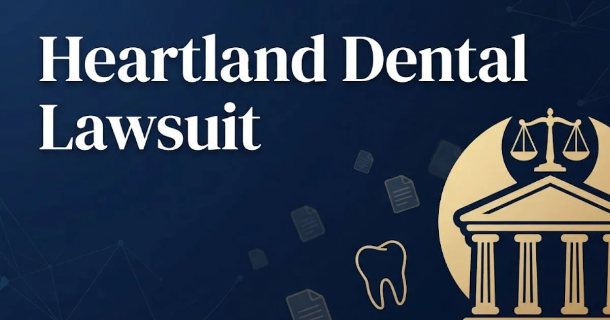 Heartland Dental lawsuit 2026 hero banner with courthouse and legal symbols on navy background
