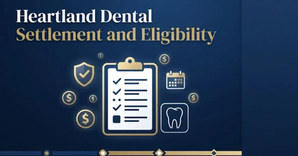 Heartland Dental settlement eligibility infographic with checklist and timeline icons