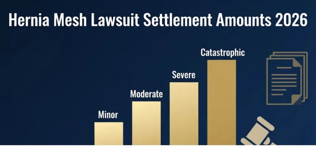 Hernia mesh lawsuit settlement amounts 2026 infographic showing payout tiers