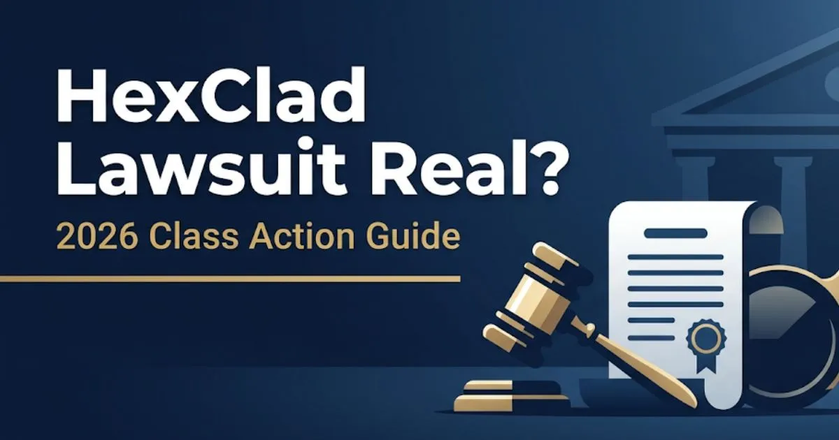 HexClad lawsuit real 2026 class action guide banner with legal gavel and cookware icons on navy background