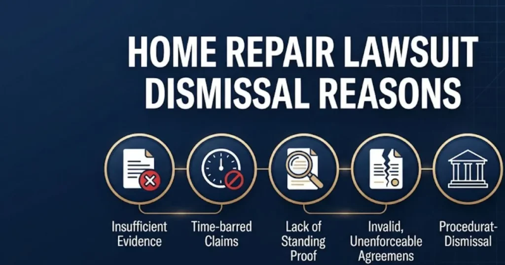 Home repair lawsuit dismissal reasons infographic with legal icons on navy and gold design
