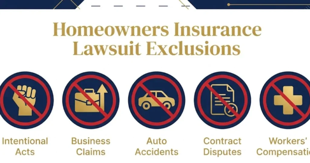 Homeowners insurance lawsuit exclusions infographic showing five excluded civil claim types
