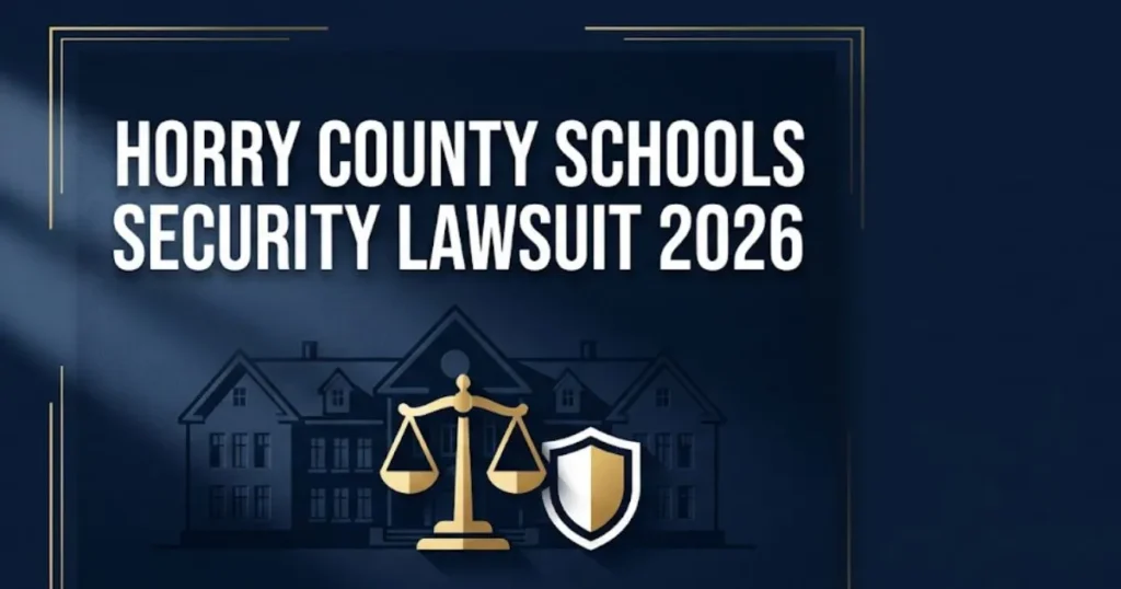 Horry County schools security lawsuit 2026 banner with legal scales, school silhouette, and navy gold design