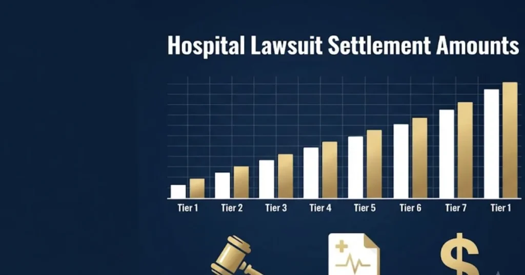 Hospital lawsuit settlement amounts infographic showing payout ranges by injury type in 2026