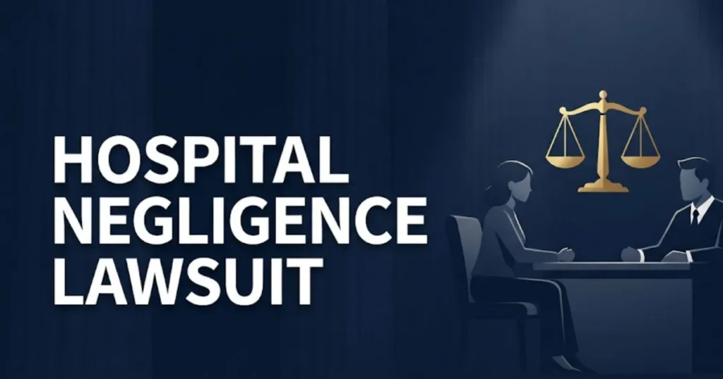 Hospital negligence lawsuit guide 2026 blog banner with legal silhouettes and scales of justice on navy background