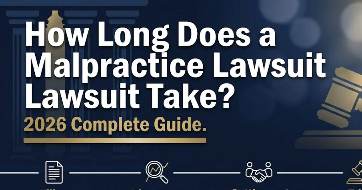 How long does a malpractice lawsuit take guide banner showing legal timeline phases with gavel silhouette and 2026 label