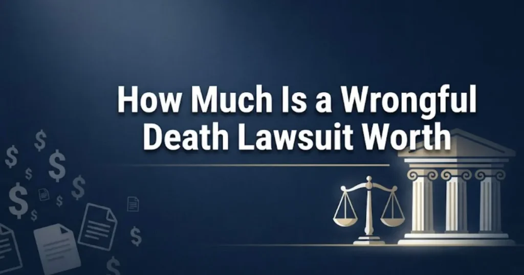 How much is a wrongful death lawsuit worth infographic with legal scale and courthouse design