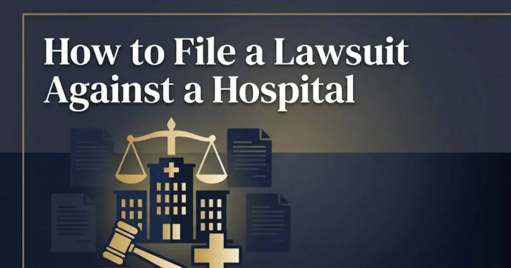 How to file a lawsuit against a hospital guide with legal and medical icons on navy background