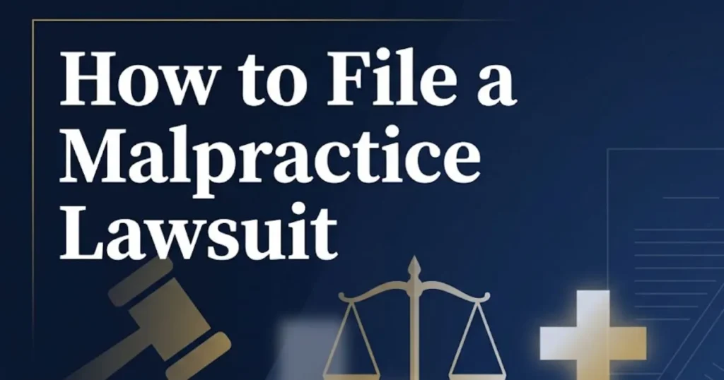 How to file a malpractice lawsuit guide banner with legal and medical icons