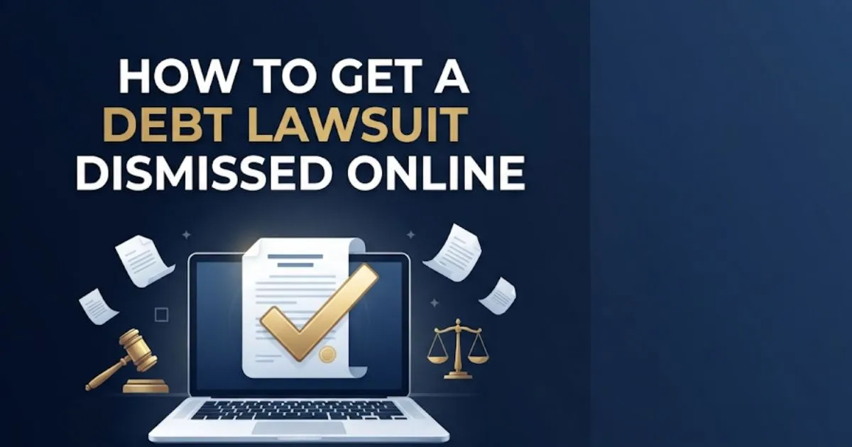 How to get a debt lawsuit dismissed online shown with laptop, gavel icon, and court document illustration