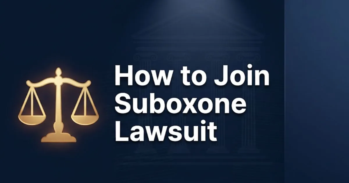 How to join Suboxone lawsuit guide banner with legal scales and courthouse silhouette design