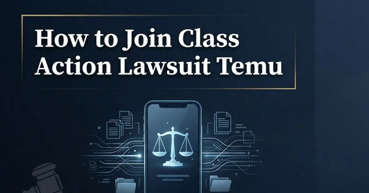 How to join class action lawsuit Temu guide with legal symbols and smartphone silhouette
