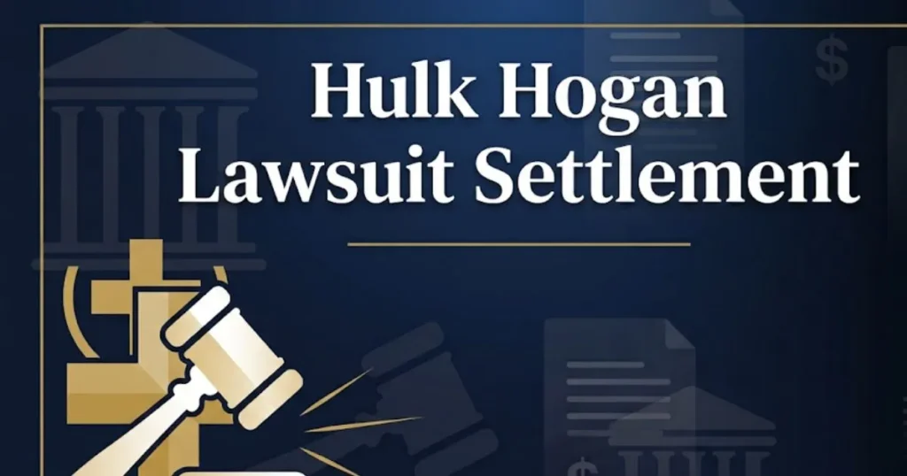 Hulk Hogan lawsuit settlement banner with gavel icon and legal theme in navy and gold
