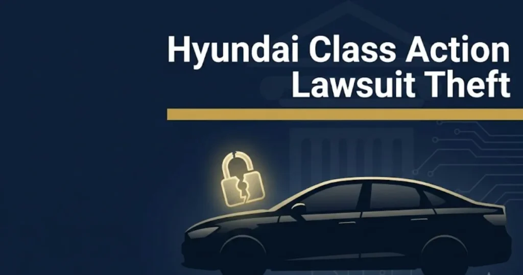 Hyundai class action lawsuit theft 2026 guide banner with car silhouette and broken lock icon