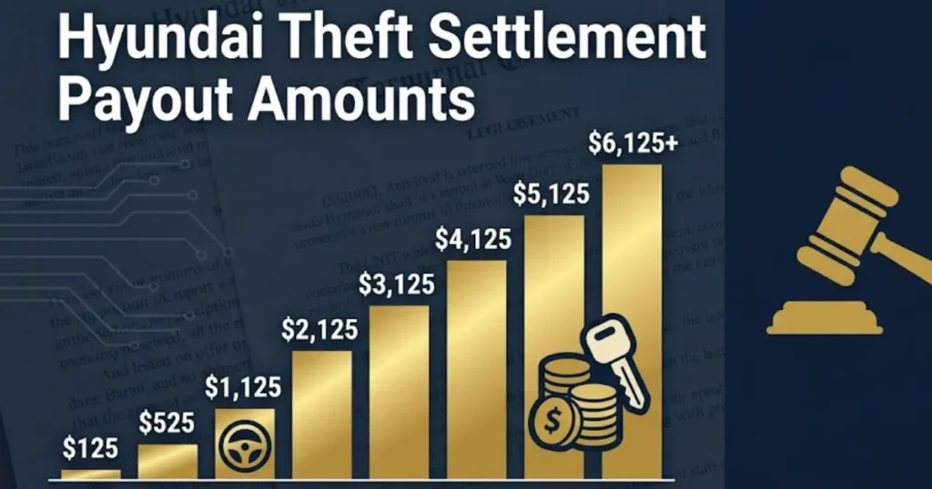 Hyundai theft settlement payout amounts chart showing tiered payment ranges for 2026