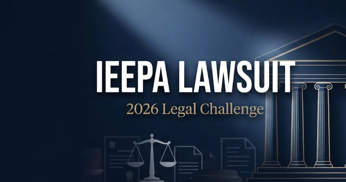 IEEPA lawsuit 2026 legal challenge hero banner with courthouse silhouette and scales of justice icons on navy background