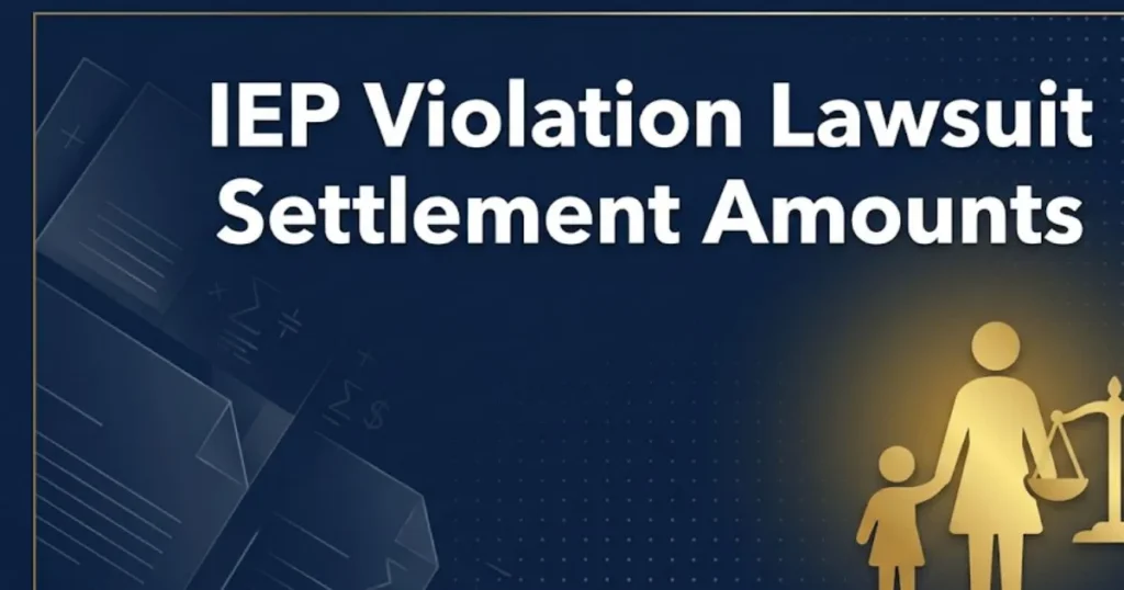 IEP violation lawsuit settlement amounts 2026 guide banner with legal scales and parent silhouette on navy background