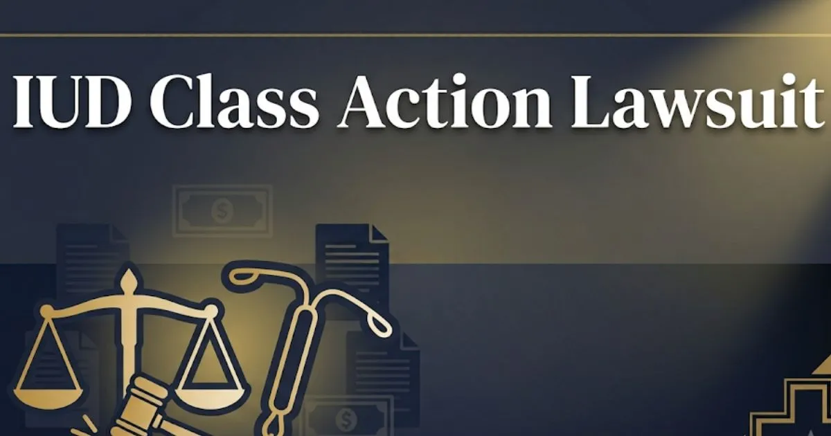 IUD class action lawsuit legal banner with scales of justice and medical device icons on navy background