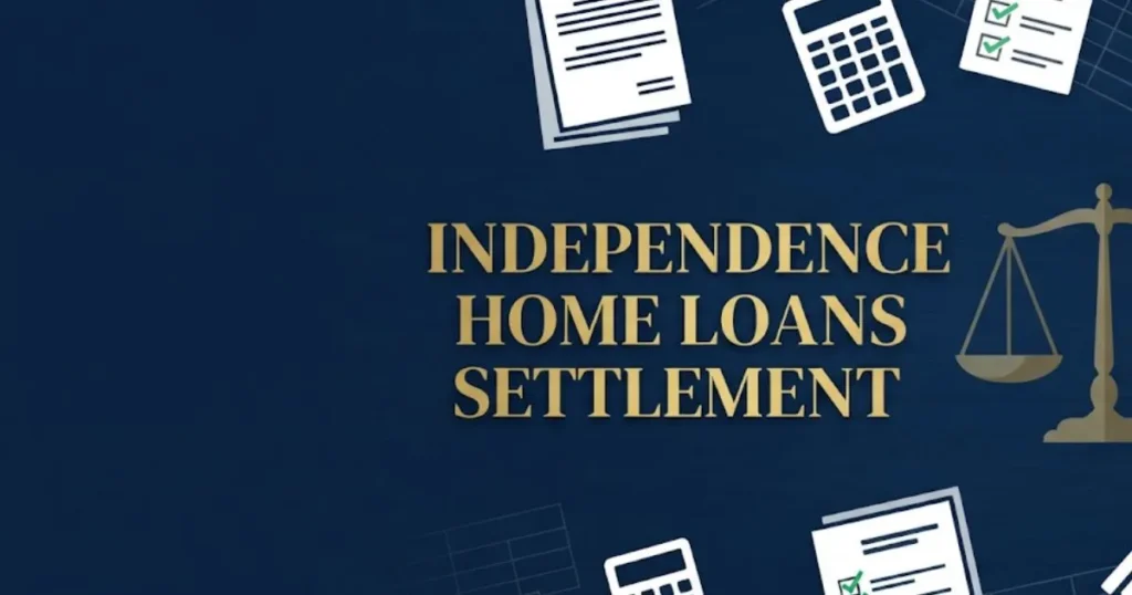 Independence home loans lawsuit settlement graphic with legal icons and balance scale on navy desk