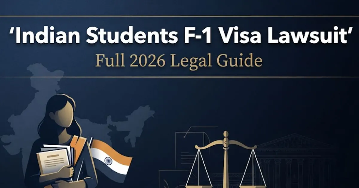 Indian students F-1 visa lawsuit 2026 guide banner with legal scales and student silhouette on navy background
