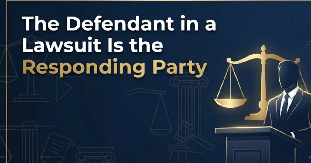 Infographic explaining that the defendant in a lawsuit is the responding party, with courtroom scales and legal icons on navy background.