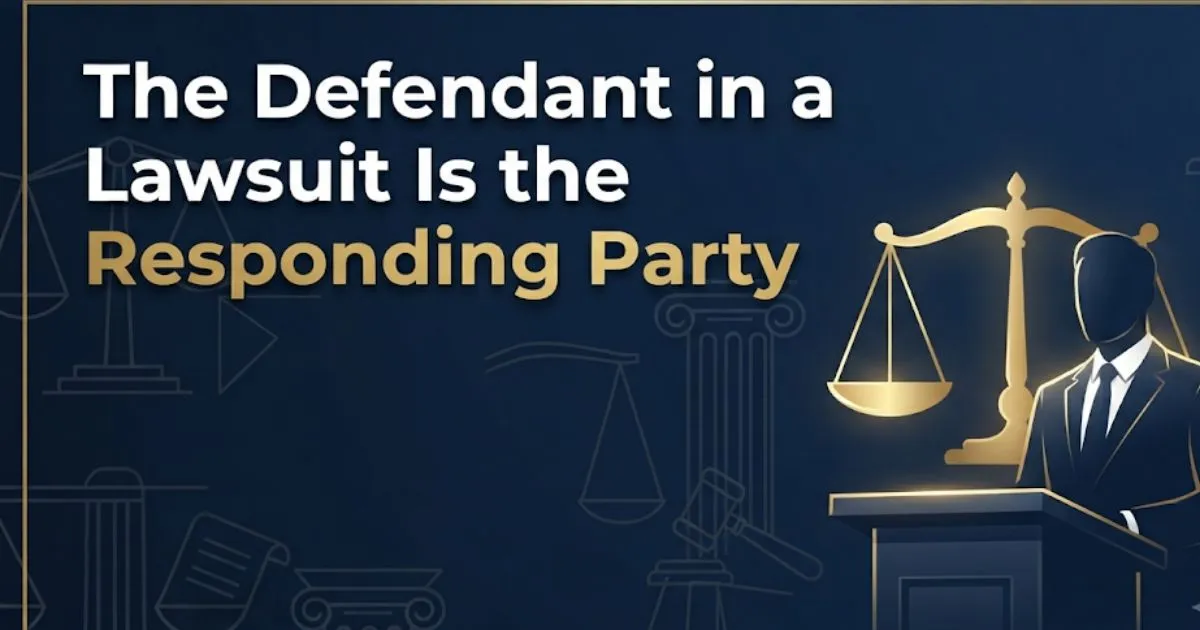 Infographic explaining that the defendant in a lawsuit is the responding party, with courtroom scales and legal icons on navy background.