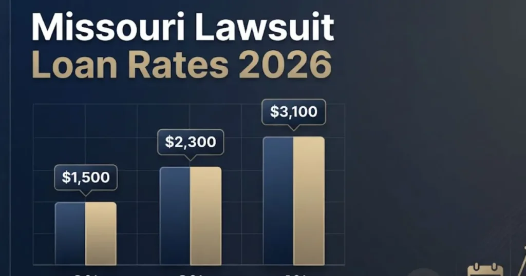 Infographic showing Missouri lawsuit loan interest rates and costs for 2026 comparison