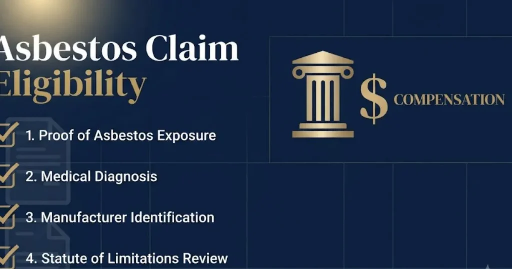 Infographic showing asbestos claim eligibility checklist with legal icons on dark navy background