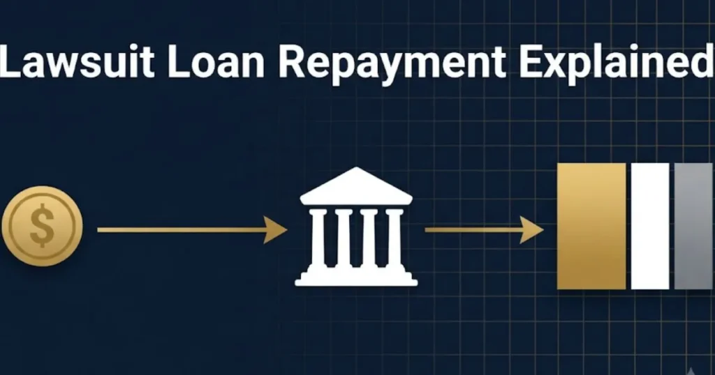 Infographic showing lawsuit loan repayment process from funding to settlement distribution