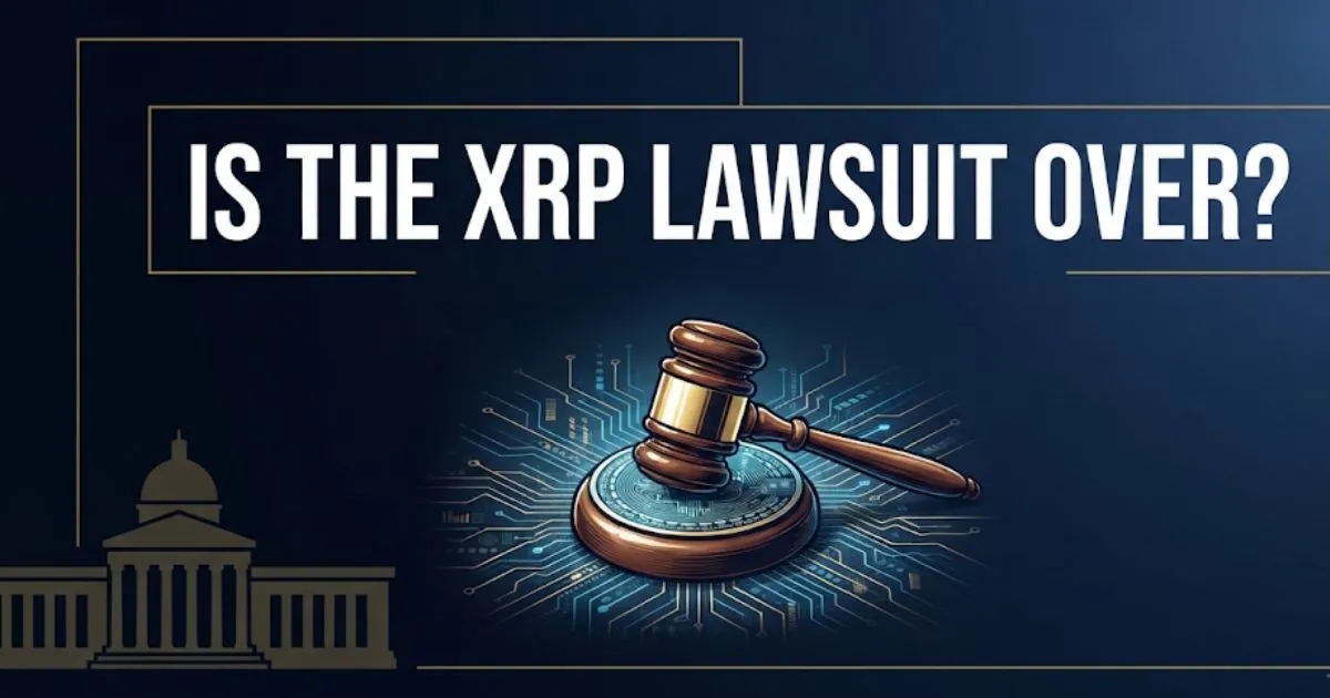 Is the XRP lawsuit over hero banner with gavel and blockchain design in navy and gold