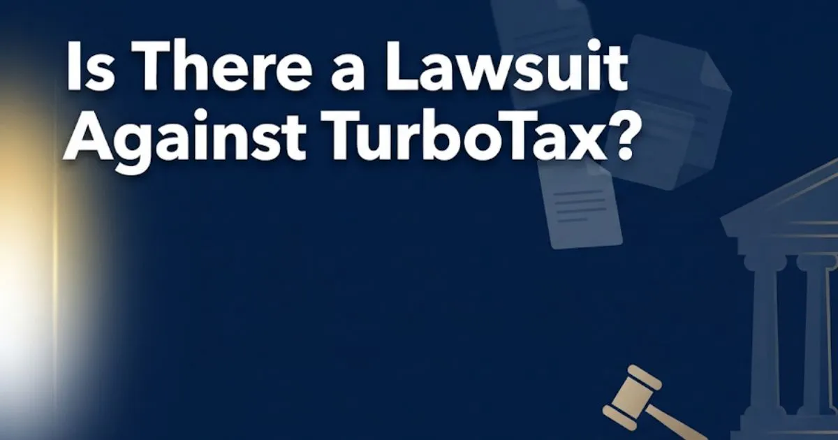 Is there a lawsuit against TurboTax - legal banner showing courthouse silhouette and gavel icon on navy background